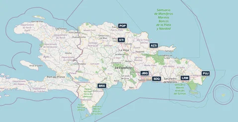 Map of the Dominican Republic with airport codes PUJ, SDQ, JBQ, POP, STI, AZS, LRM and BRX