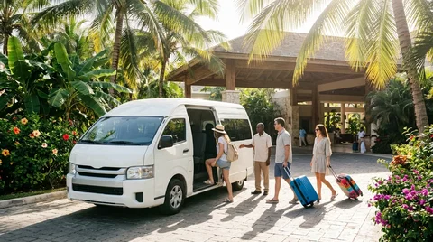Travelers with suitcases boarding an unbranded shared airport shuttle outside a tropical resort