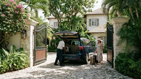 Unbranded dark minivan at a landscaped villa entrance with driver and luggage, an illustrative transfer scene