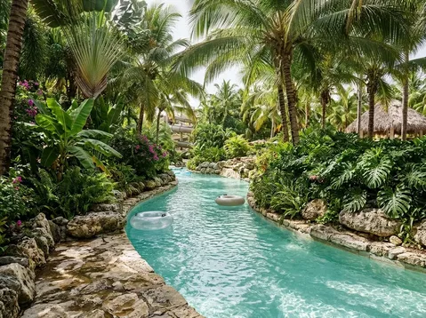 Editorial illustration of a lush Caribbean water park lazy river edged by tropical palms