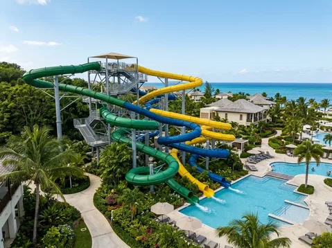 Conceptual aerial view of a tropical resort's tall green, yellow and blue water slides