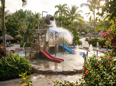 Editorial illustration of a Caribbean pirate-themed children's splash playground