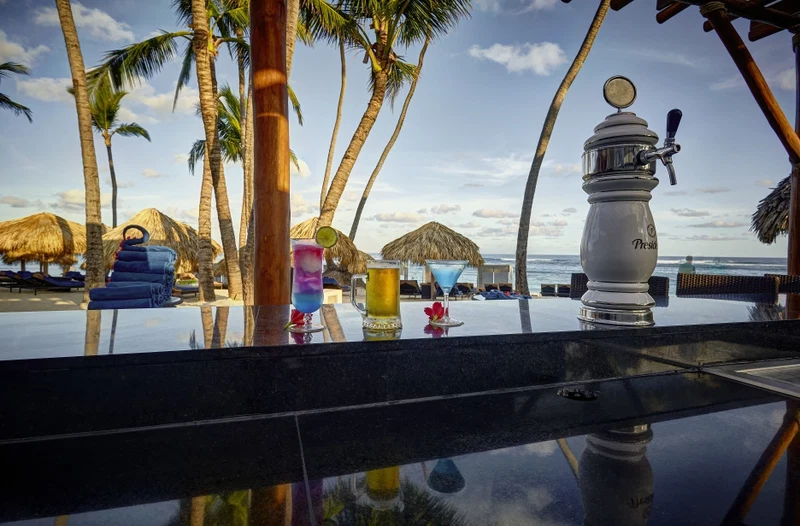 A bar area with a view of the beach, palm trees, and ocean.