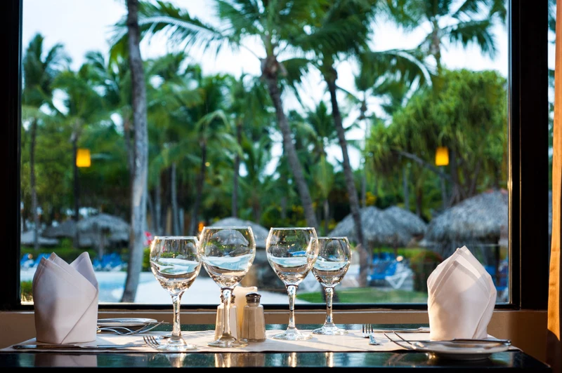 A table set with wine glasses and a salt and pepper shaker, viewed through a window overlooking palm trees and a beach.