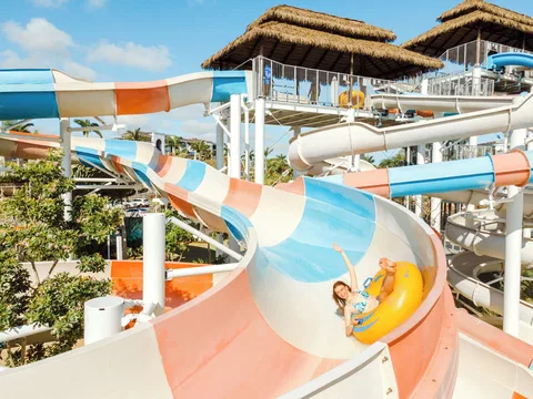 Colorful curved water slides at Rockaway Bay in Hard Rock Hotel & Casino Punta Cana