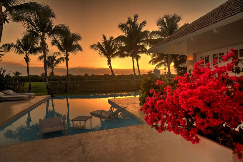 A swimming pool with lounge chairs, palm trees, and a sunset view.