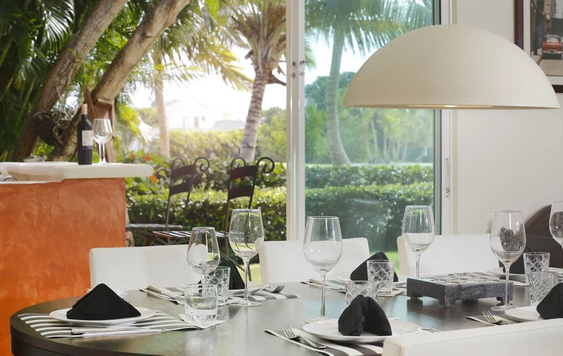 A dining table set with glasses, cutlery, and napkins, with a view of palm trees and greenery through a window.
