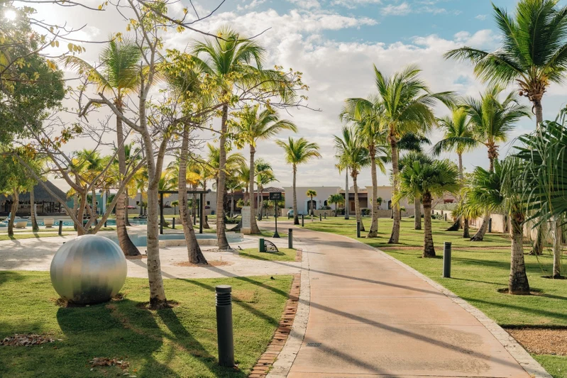 A pathway lined with palm trees and a large metallic sculpture, leading to a building with a pool.