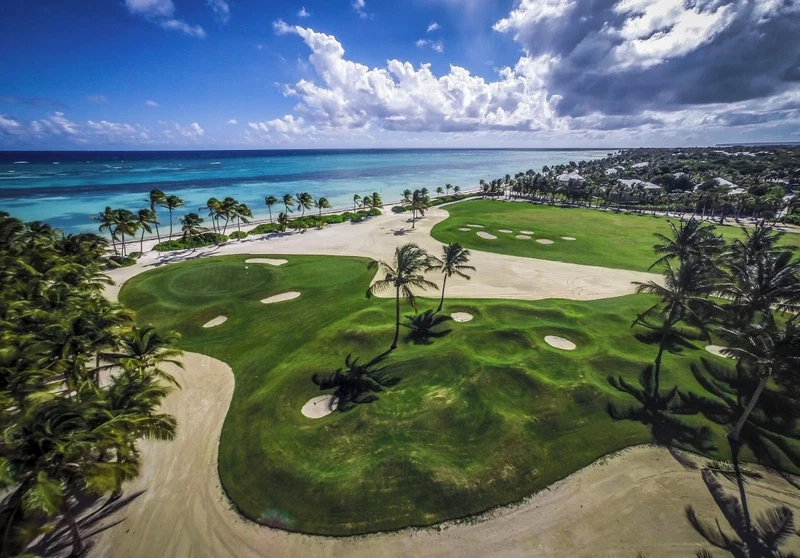 A golf course with a view of the ocean and palm trees.