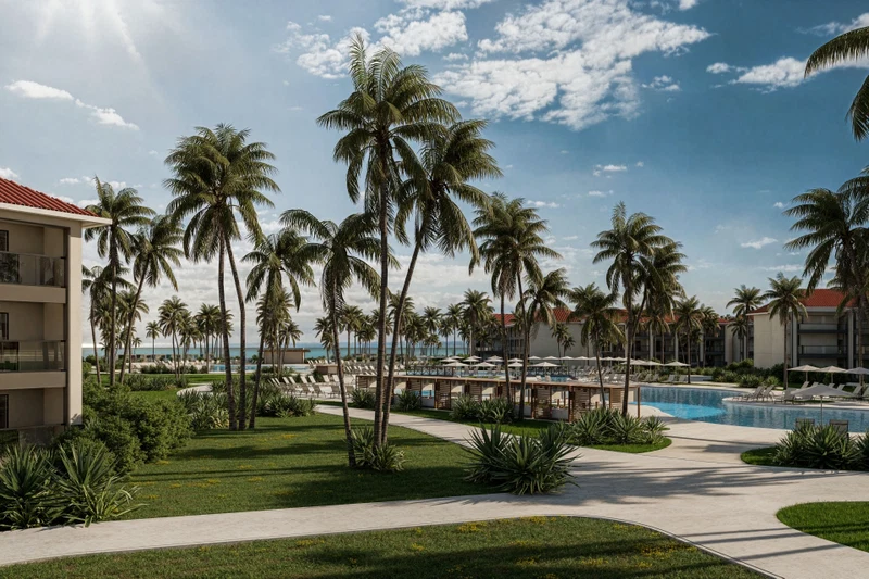 A resort with a pool, palm trees, and a clear sky.