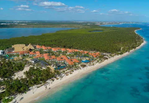 Aerial view of Dreams Flora Resort and the coastline in the Punta Cana area