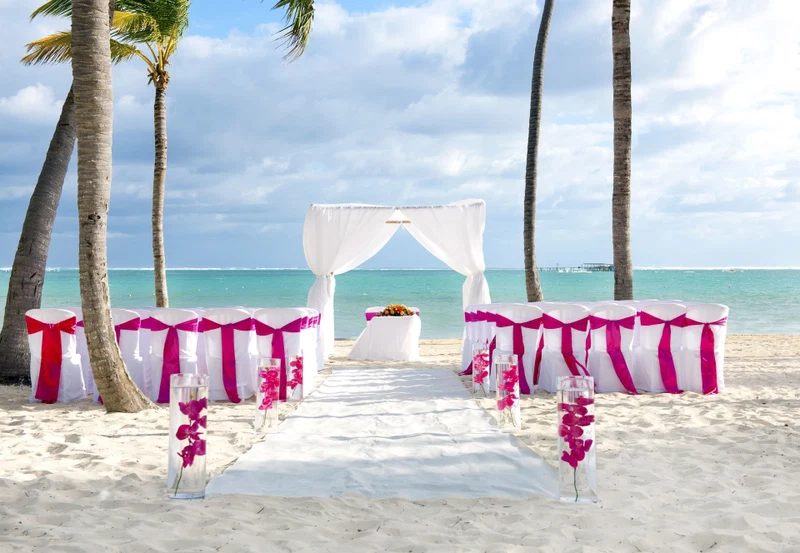 A beach wedding setup with a white aisle and pink sashes, palm trees, and a clear view of the ocean.