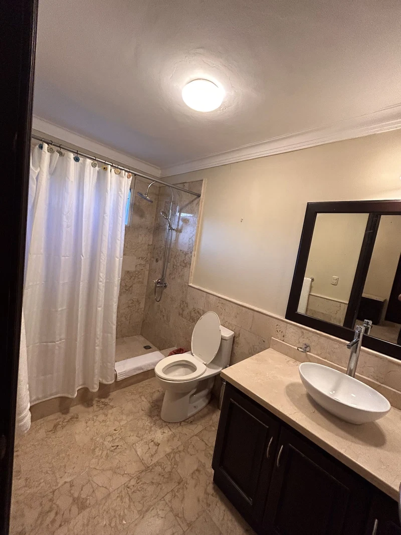 A bathroom with a toilet, sink, shower, and a mirror.