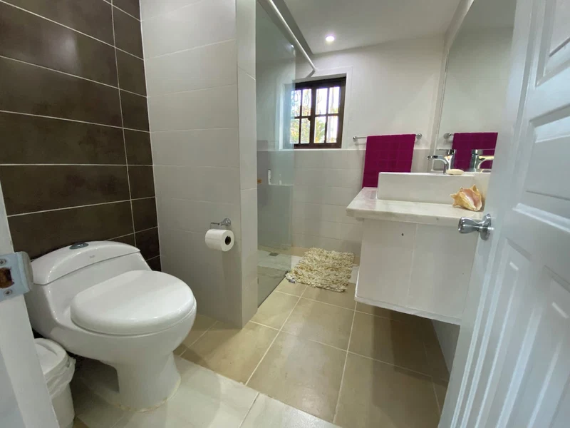 A bathroom with a toilet, a shower area, and a sink.