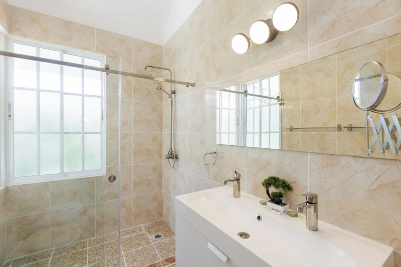 A modern bathroom with a glass shower enclosure, a white vanity, a small potted plant, and a large mirror.