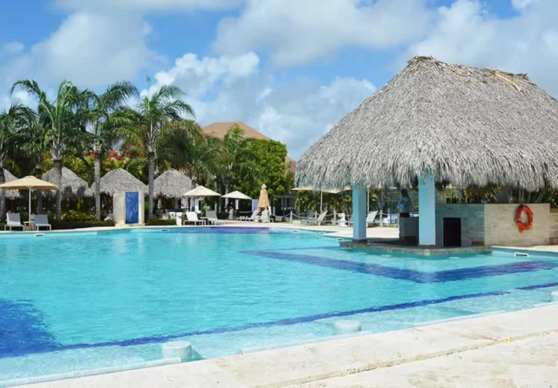A swimming pool with lounge chairs and thatched-roof structures, surrounded by palm trees.