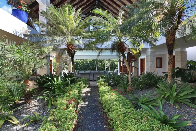 A courtyard with palm trees, a pathway, and a seating area.