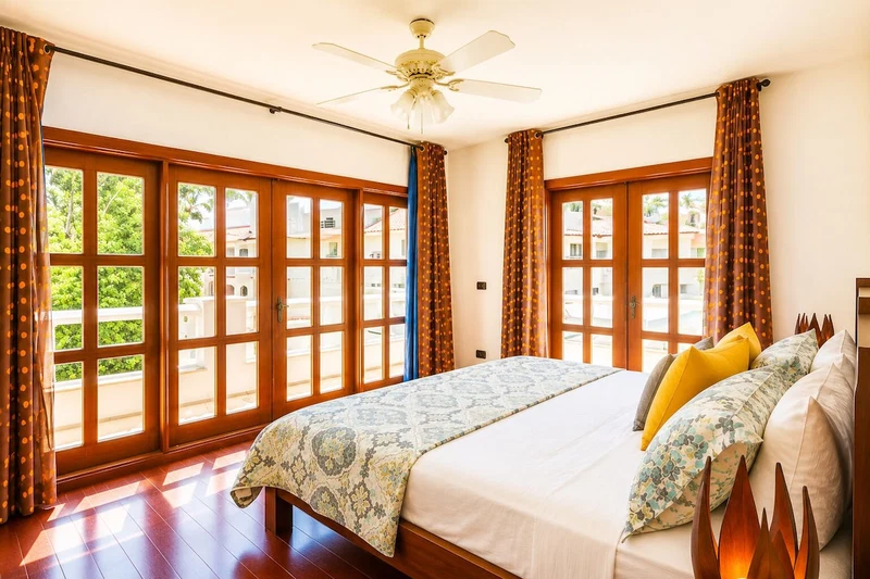 A hotel room with a large bed, wooden flooring, a ceiling fan, and large windows with curtains.