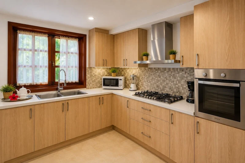 A modern kitchen with wooden cabinets, a stainless steel range hood, a microwave, a gas stove, and a built-in oven.