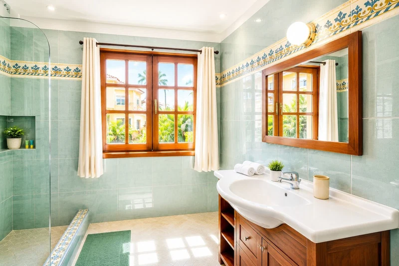A bathroom with a large window, a shower, a sink, and a mirror.