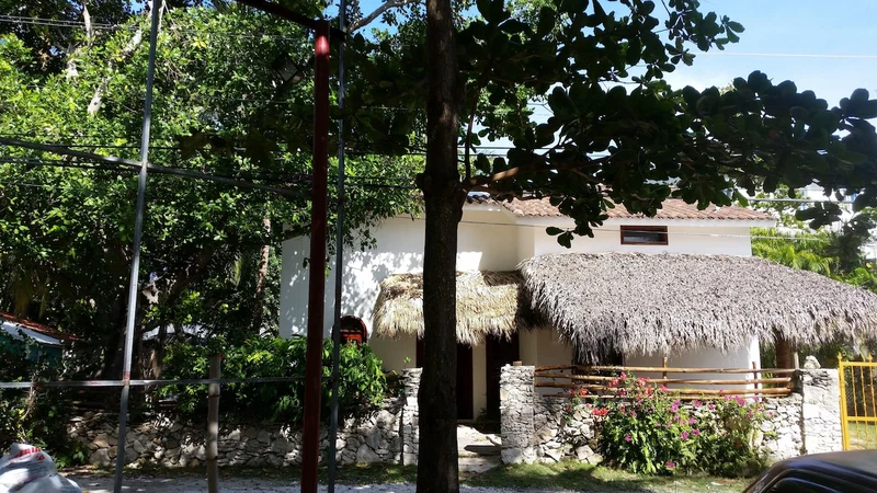A house with a thatched roof, stone walls, and a wooden fence.