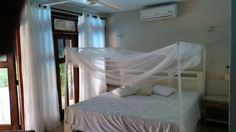 A bed with a canopy, a bedside table, an air conditioning unit, and a window with curtains.