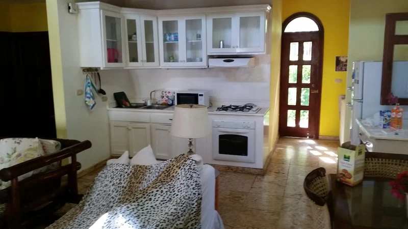 A kitchen with white cabinets, a stove, and a microwave. There is a door leading outside.